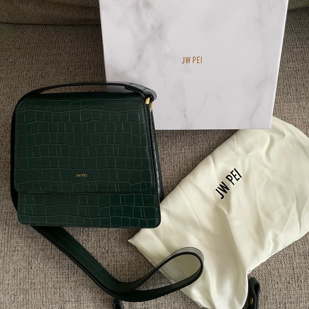 JW PEI Dark Green Croc-Embossed Crossbody Bag